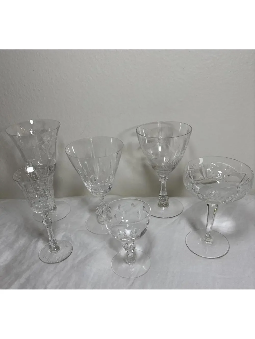 Vintage Etched Crystal Wine & Cocktail Glasses – Set of 6 Mismatched Lot